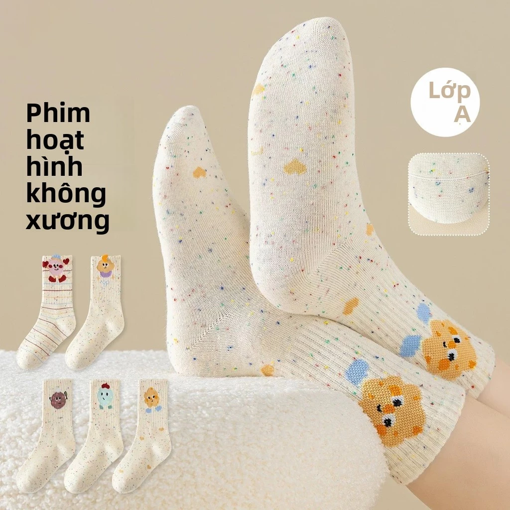 Tất bé gái cổ trung không đường may - Cotton mềm mại, họa tiết hoạt hình ngộ nghĩnh, phối màu kem