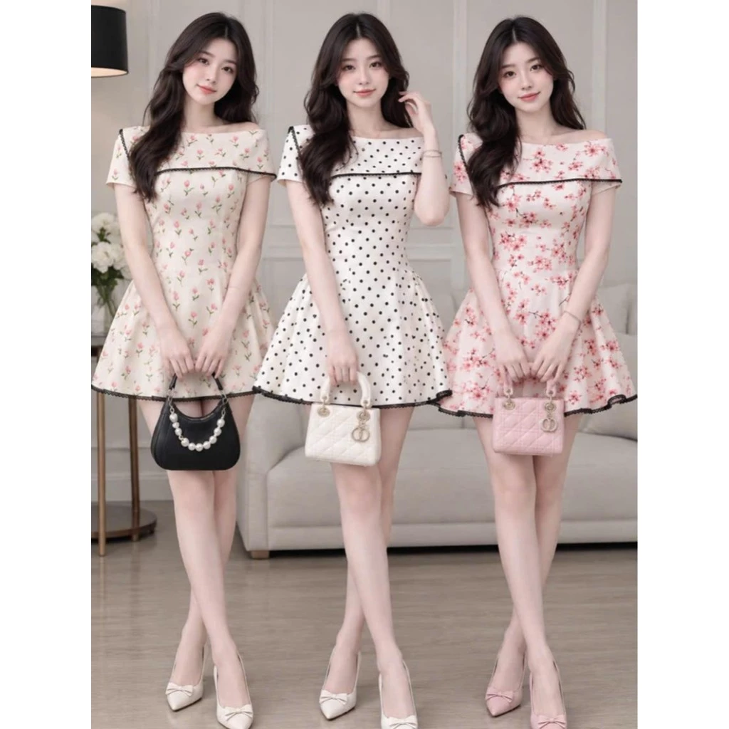 Đầm Chấm Bi Và Họa Tiết Hoa Nữ Trễ Vai Xinh Xắn, Đầm Nữ Ngắn Form Tôn Dáng, Hottrend JANGMY2