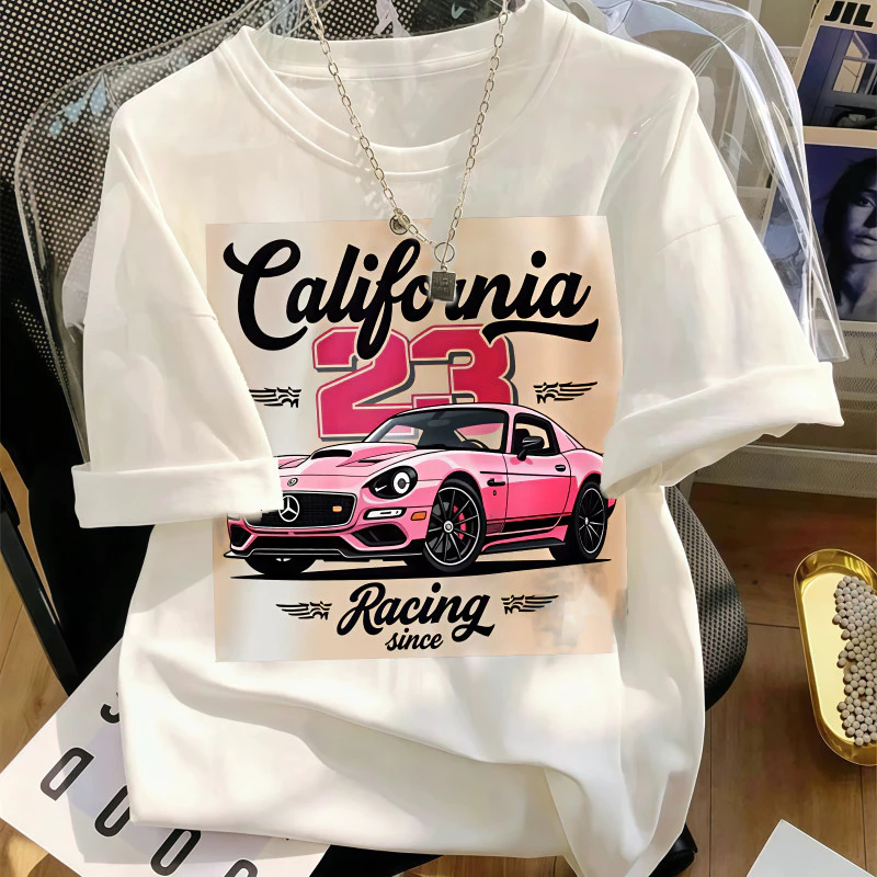 Áo Thun Nữ Màu Trắng In Hình Xe Thể Thao Cổ Điển, Phong Cách California Kiểu Mỹ, Chất Cotton Mềm Mại, Form Rộng.