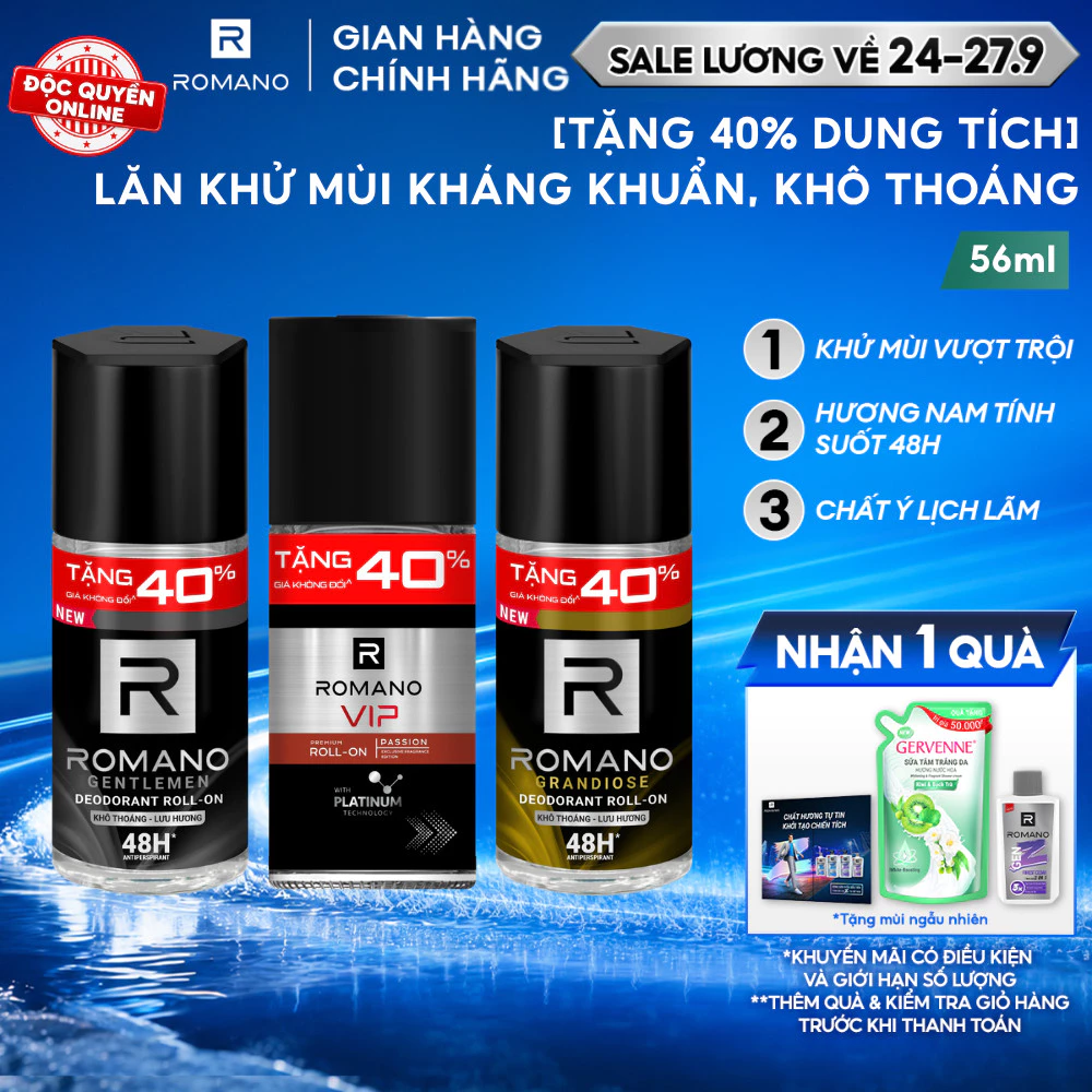 [TẶNG 40% dung tích] Lăn khử mùi Romano Khử mùi vượt trội, Hương nam tính suốt 48H 56ml