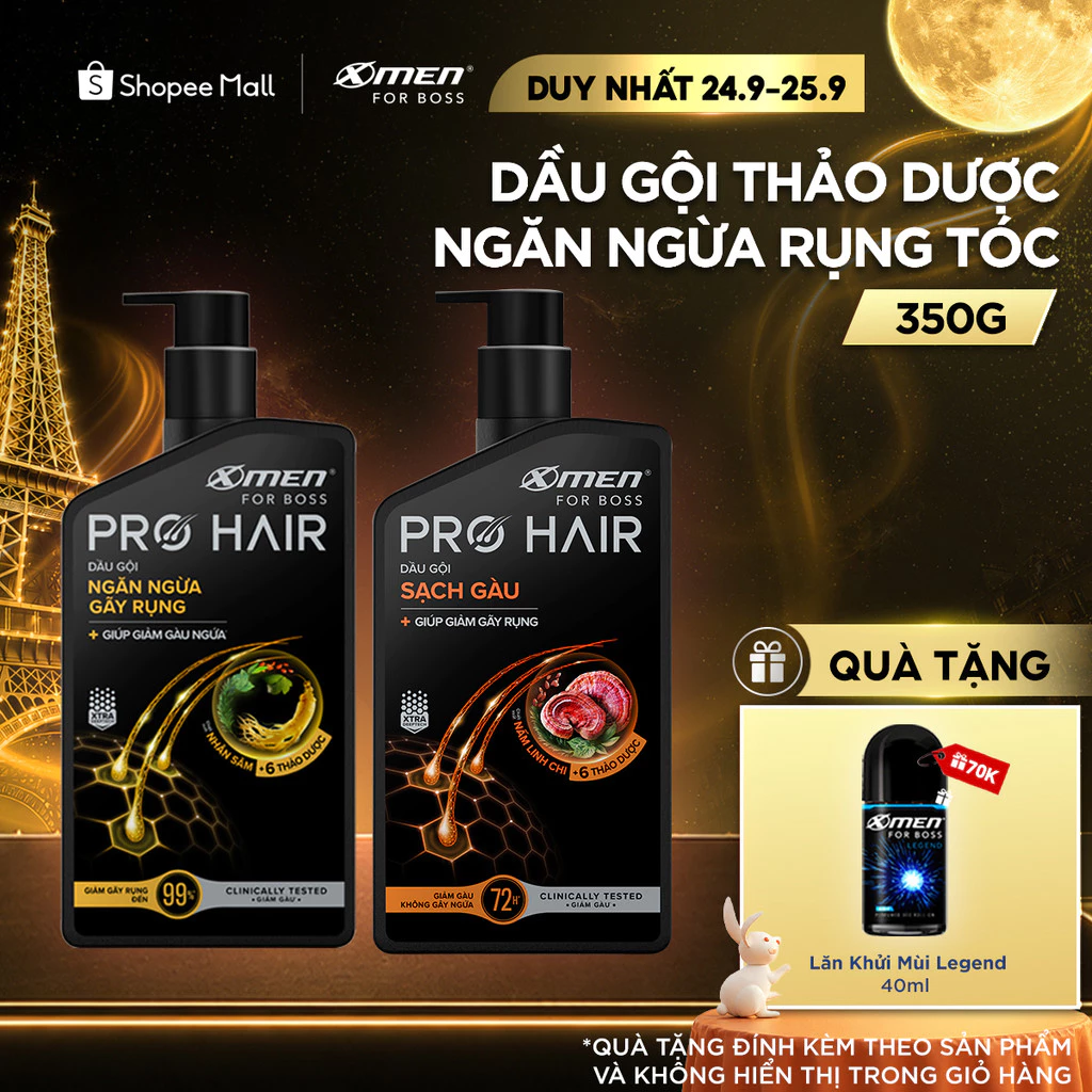 Combo Dầu Gội Thảo Dược Xmen for Boss Pro Hair Ngăn Gãy Rụng/Sạch Gàu 350g và Lăn Legend 40ml