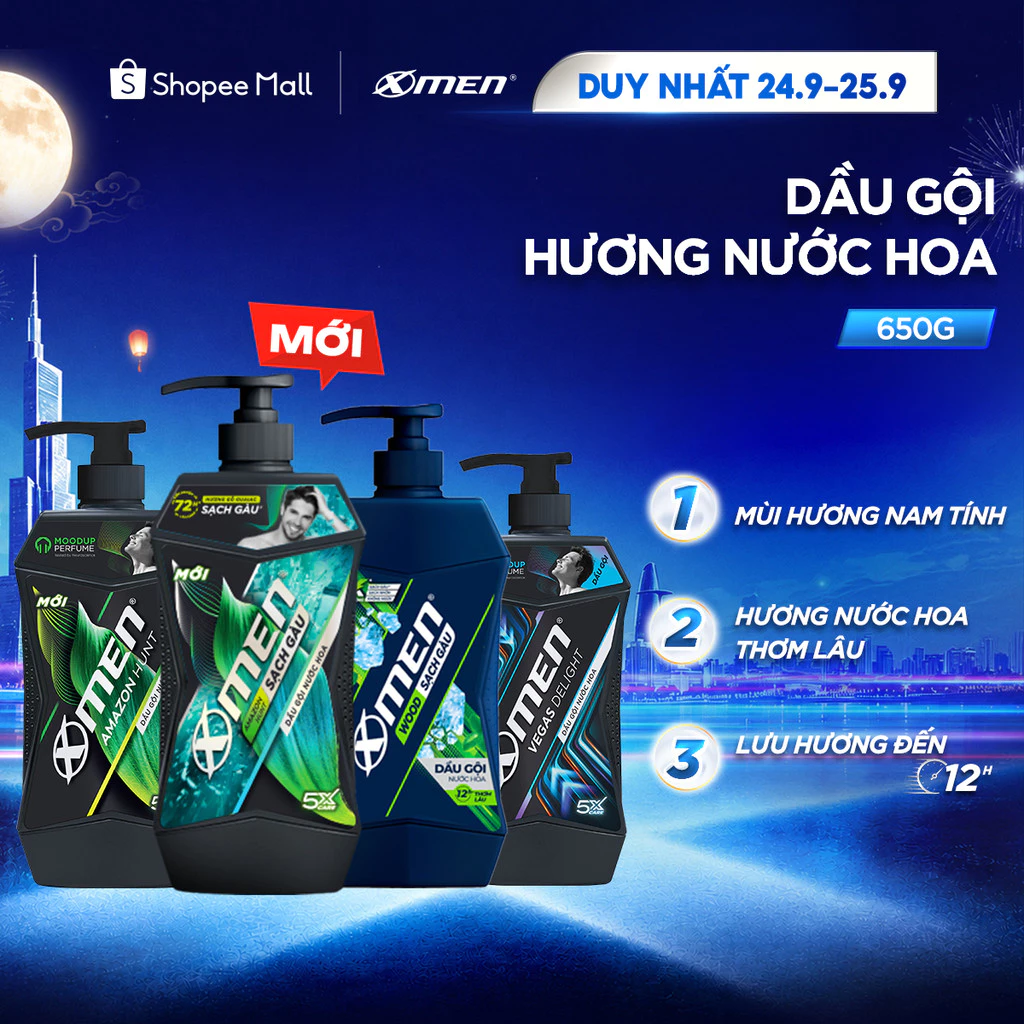 Dầu Gội Sạch Gàu X-Men 650g/630g/610g (Amazon/Vegas/Wood/Fire) - Sạch Sâu, Hương Gỗ Nam Tính