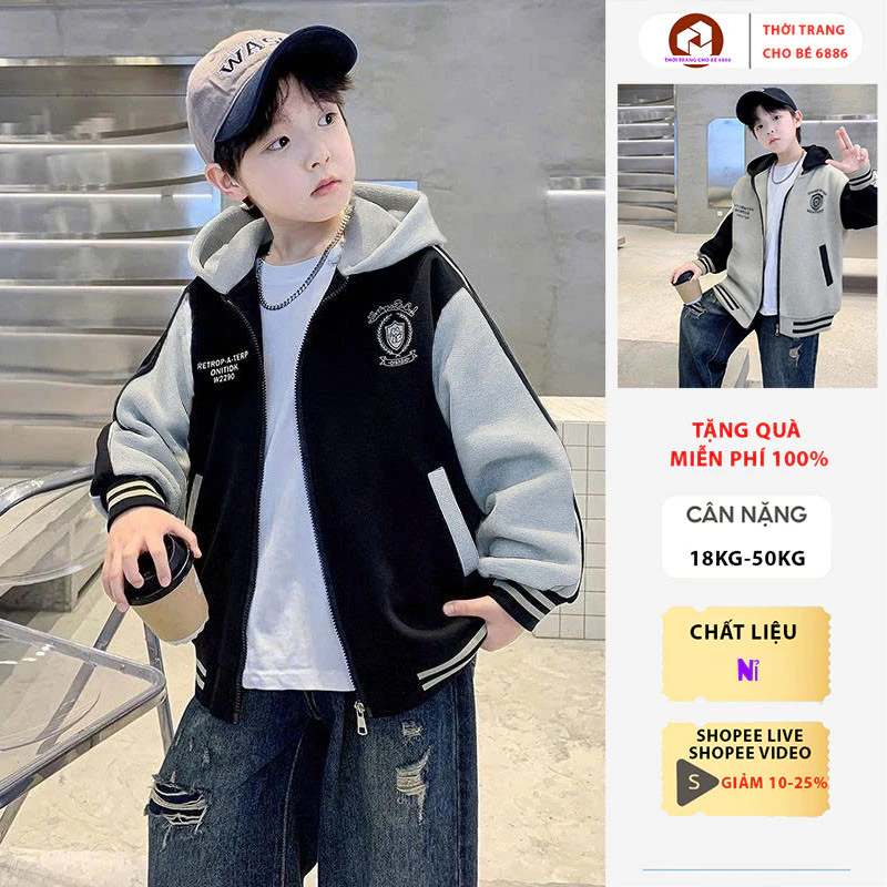 Áo khoác bomber, áo khoác thu đông bé trai mẫu RETR, áo thu đông nam nữ size 18-52kg chất nỉ bông dày dặn, áo khoác nam