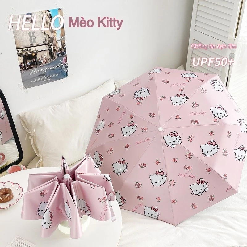 Ô cho bé gái tiểu học hello kitty cute hoàn toàn tự động chống nắng chống tia cực tím màu đen gel mưa gấp đôi