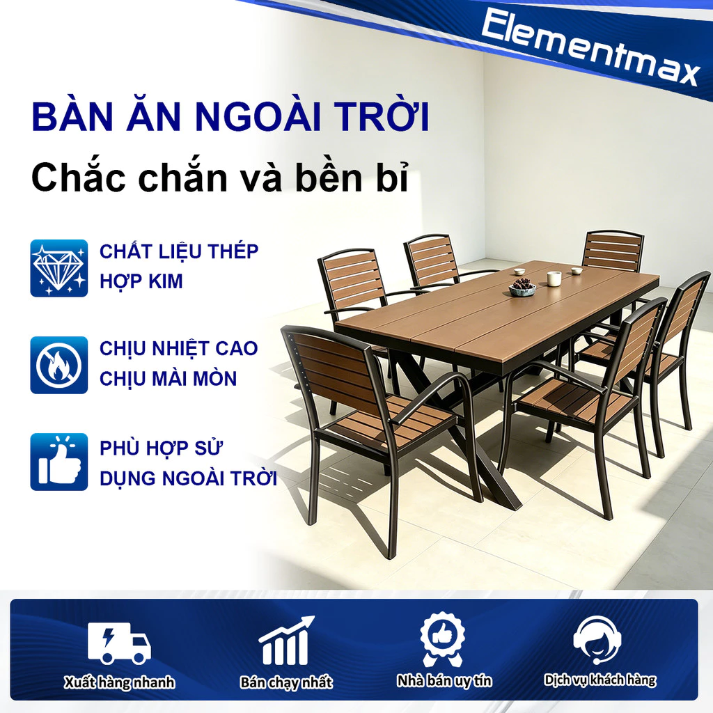 Bộ bàn ghế sân vườn Bàn ghế gỗ nhựa Dài 1m5/1m8 + 4/6/8 ghế Buck Thiết kế hiện đại Chống ẩm mốc,nắng Không thấm nước