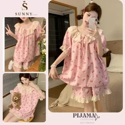 đồ ngủ nữ, bộ pijama đũi màu hồng nơ xinh xắn bánh bèo cổ sen viền ren trắng do dãn thoáng mát Sunny hcom25550