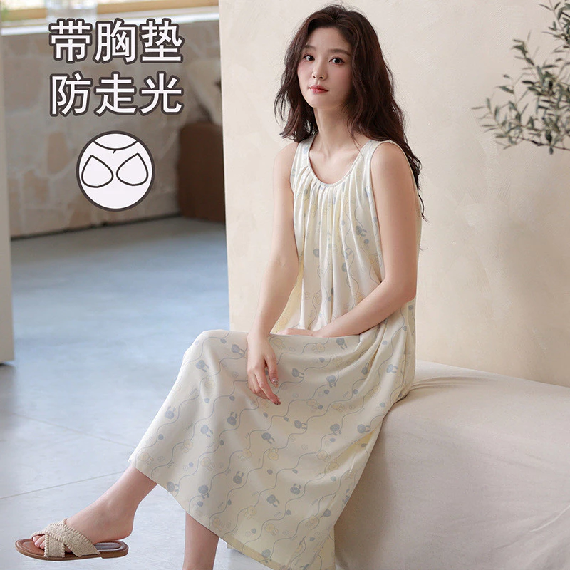 Bộ Đồ Ngủ Nữ Có Miếng Lót Ngực Váy Ngủ Mùa Hè Nhẹ Nhàng Thoải Mái Không Tay Dài Ngọt Ngào Dễ Thương Thoáng Mát Rời Có Thể Mặc Bên Ngoài Nữ Homewear