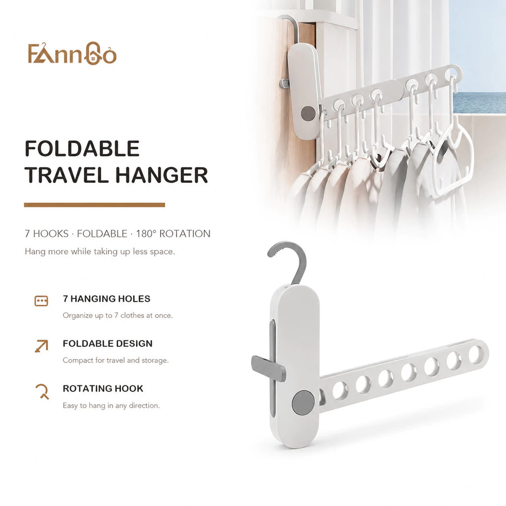Móc treo đồ đa năng có thể gấp gọn FannGo với 7 móc, dụng cụ sắp xếp quần áo di động cho du lịch, công tác, khách sạn và ký túc xá.