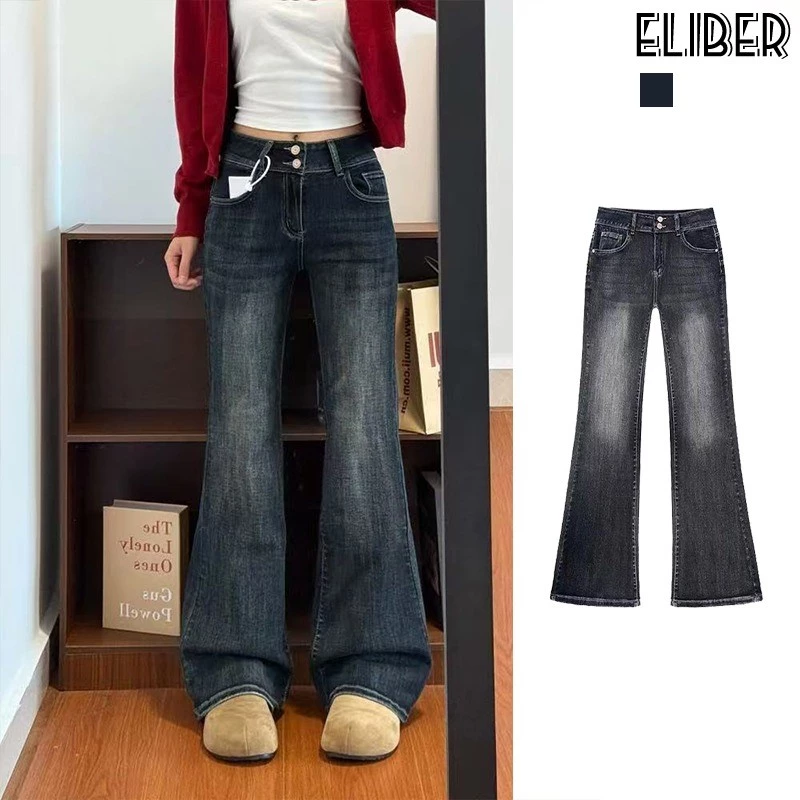 ELIBER- Quần Bò Ống Loe Quần Ống Loe Không Dính Chân Thon Gọn Rộng Rãi Cạp Cao Cho Nữ