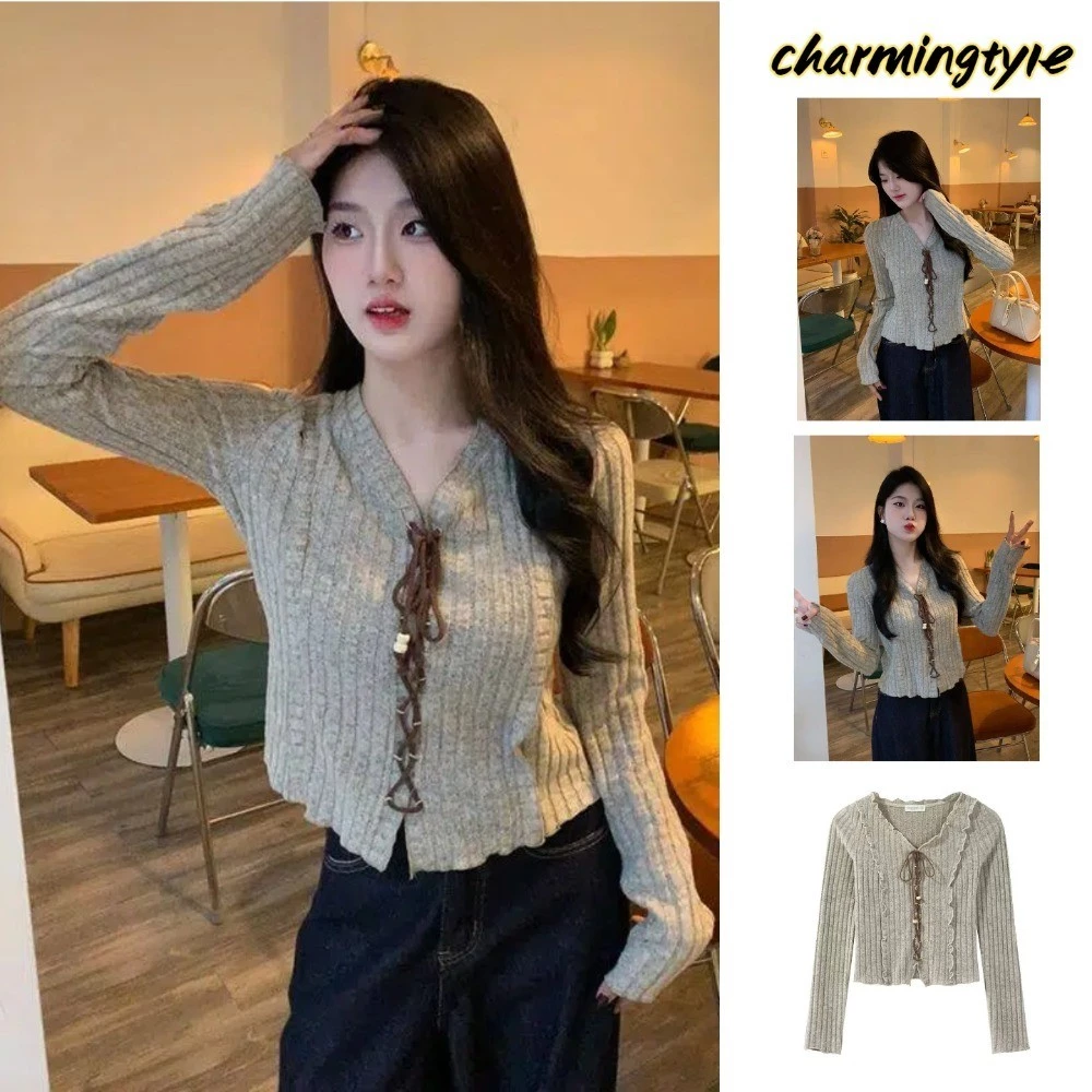 Áo Croptop Dài Tay Cổ V Phong Cách Ngọt Ngào & Cá Tính – Dáng Ôm, Thiết Kế Dây Buộc Cho Mùa Thu Đông