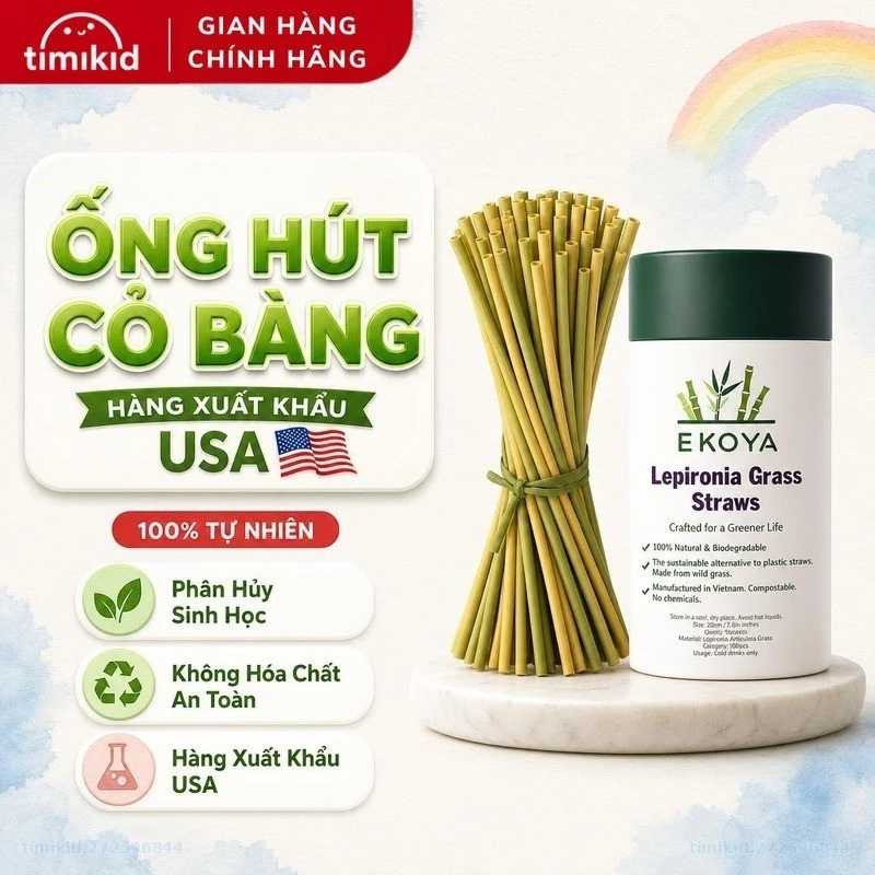Ống Hút Cỏ Bàng EKOYA Không Tan Trong Nước An Toàn Sức Khỏe, Dùng Cho Đồ Uống Nóng Và Lạnh, Hộp 100 ống