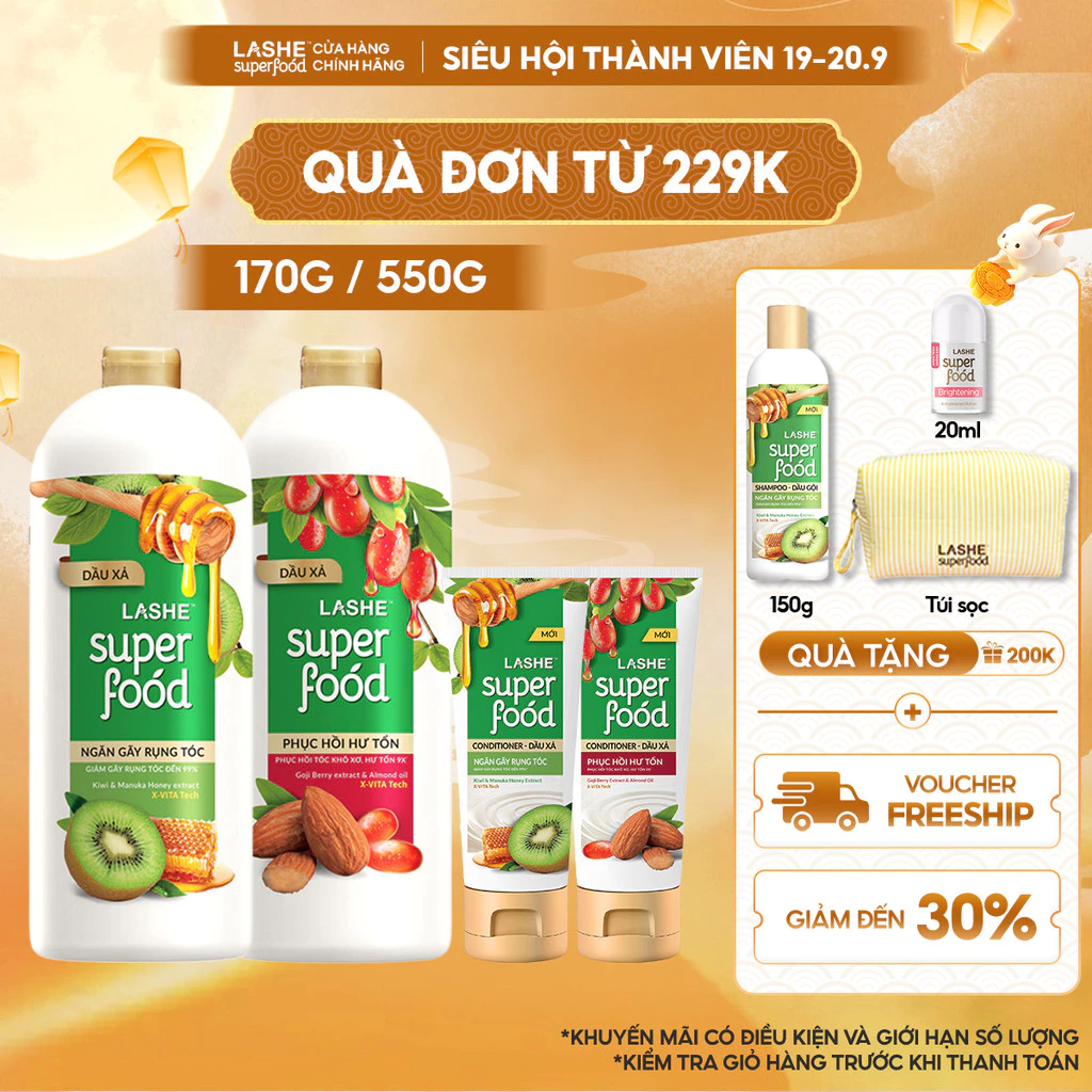 Dầu Xả LASHE SUPERFOOD Ngăn Gãy Rụng Tóc / Phục Hồi Hư Tổn 170G & 550G