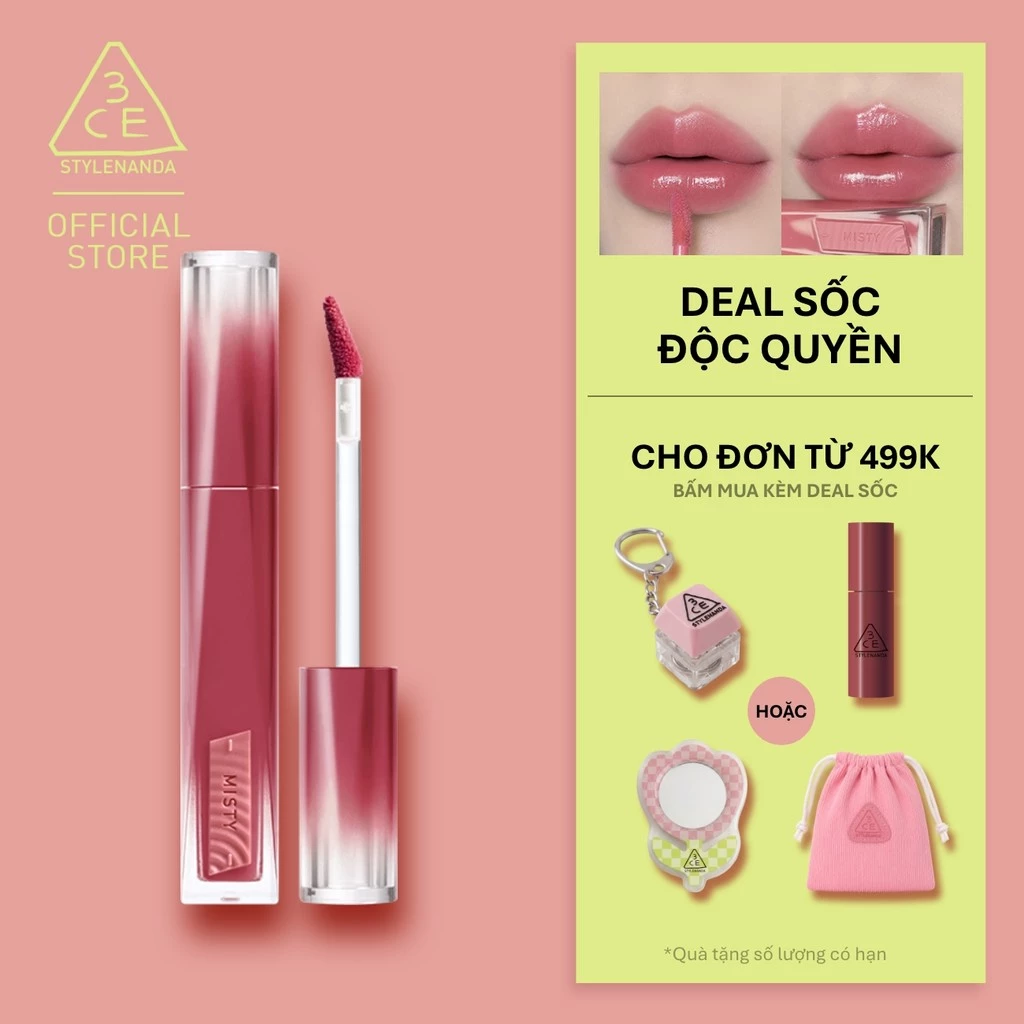 Son Tint Hiệu Ứng Pha Lê 3CE Misty Lip Bare Mỏng Nhẹ Trong Veo, Bền Màu, Mịn Mượt, Không Bết Dính