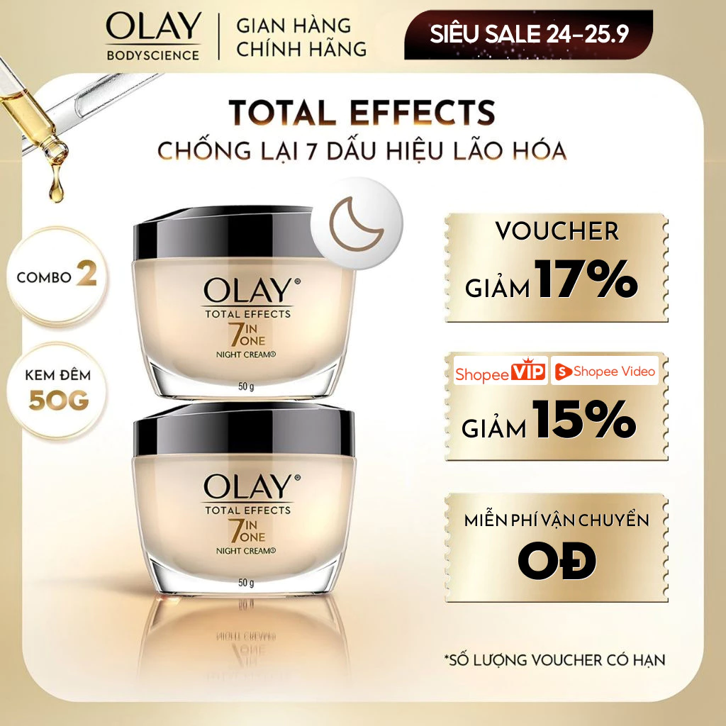 [LIVE] Combo 2 Kem Dưỡng Ban Đêm OLAY Total Effects 7in1 Hạn Chế Và Bảo Vệ Da 7 Dấu Hiệu Lão Hóa 50G