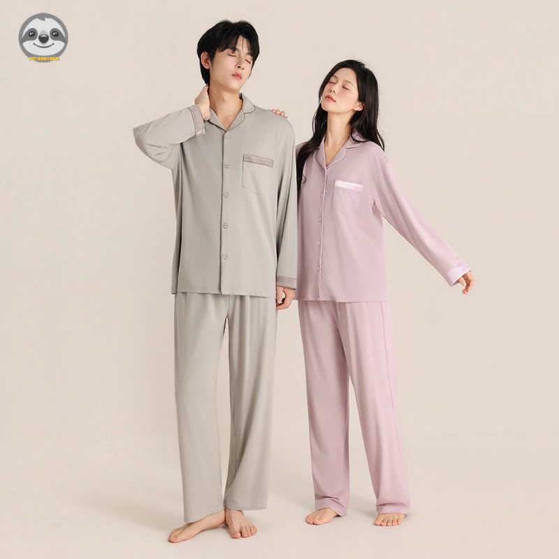Cặp đôi Phong Cách Modal Khâu Quần Dài Tay Phù Hợp Với / Nam Nữ Ve Áo Đơn Giản Homewear / Bộ Đồ Ngủ Màu Trơn Rời Có Thể Đeo Được