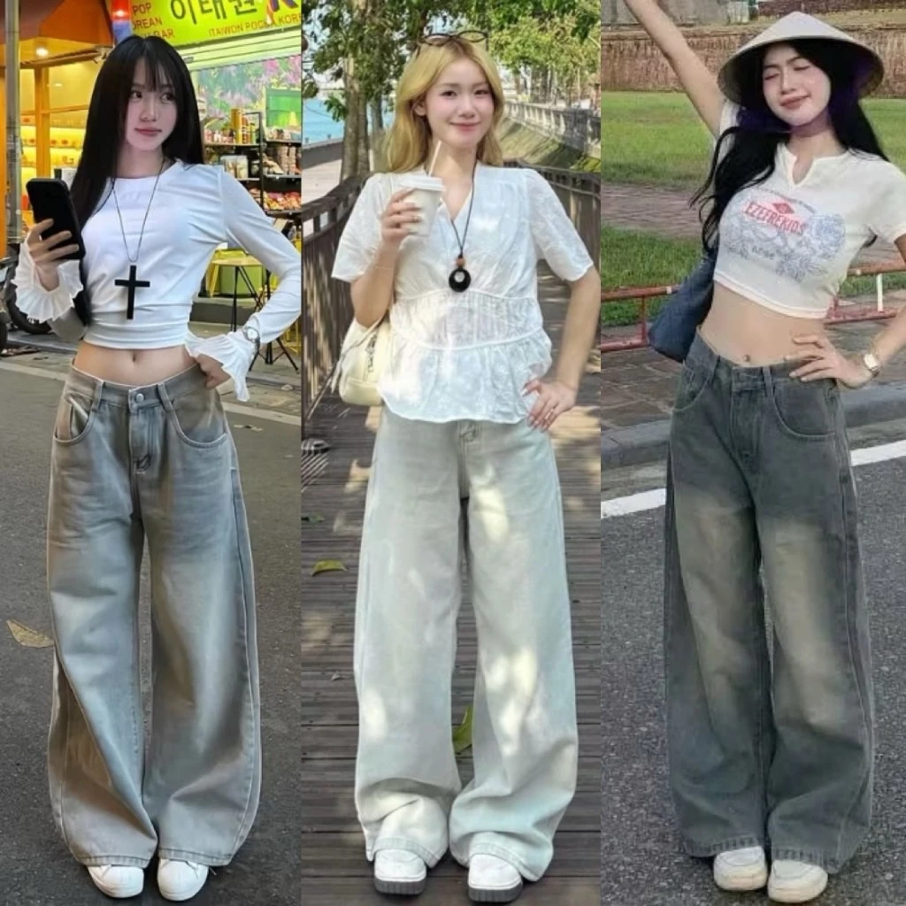 Quần jean bò ống suông rộng nữ xuông jeans cạp cao phong cách style Hàn Quốc