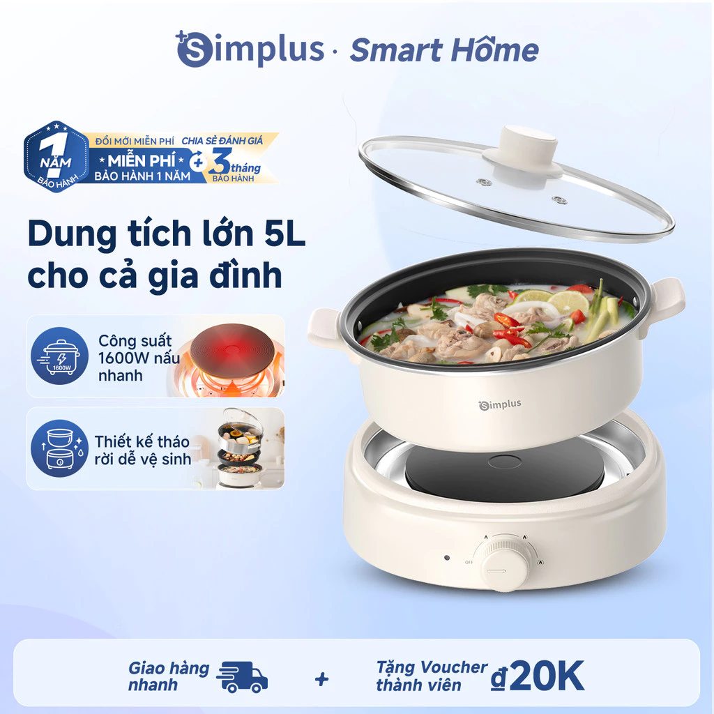 Simplus Nồi lẩu đa năng tách rời 5L Công suất 1600W Nồi nấu điện chống dính gia dụng, nấu lẩu, hầm, xào DHGH003