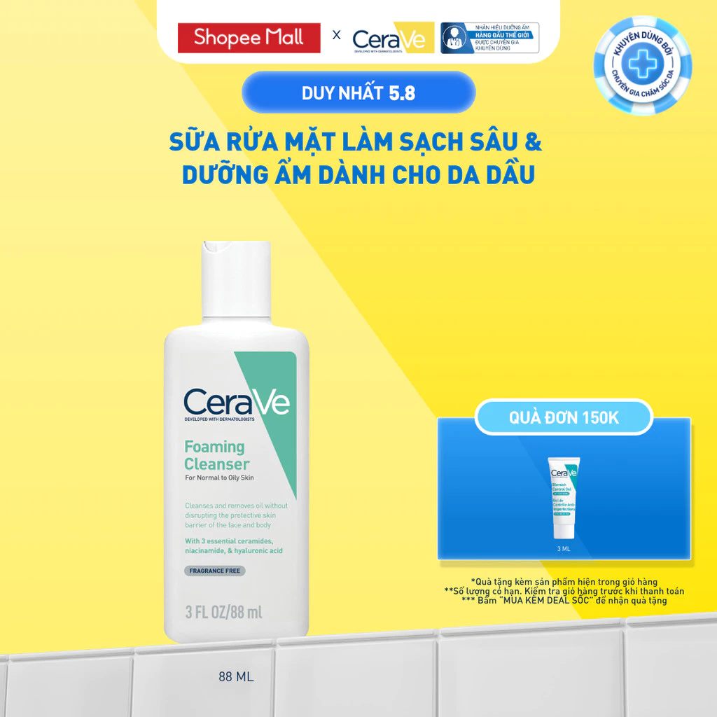 Chai CeraVe Foaming Facial Cleanser 88 ml dành cho da thường đến da dầu trên Shopee