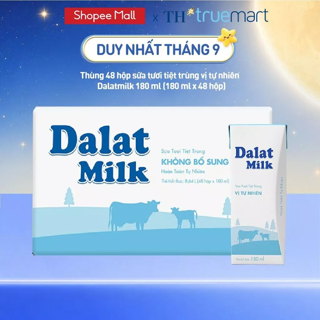 Thùng 48 hộp sữa tươi tiệt trùng Dalatmilk vị tự nhiên 180 ml (180 ml x 48)