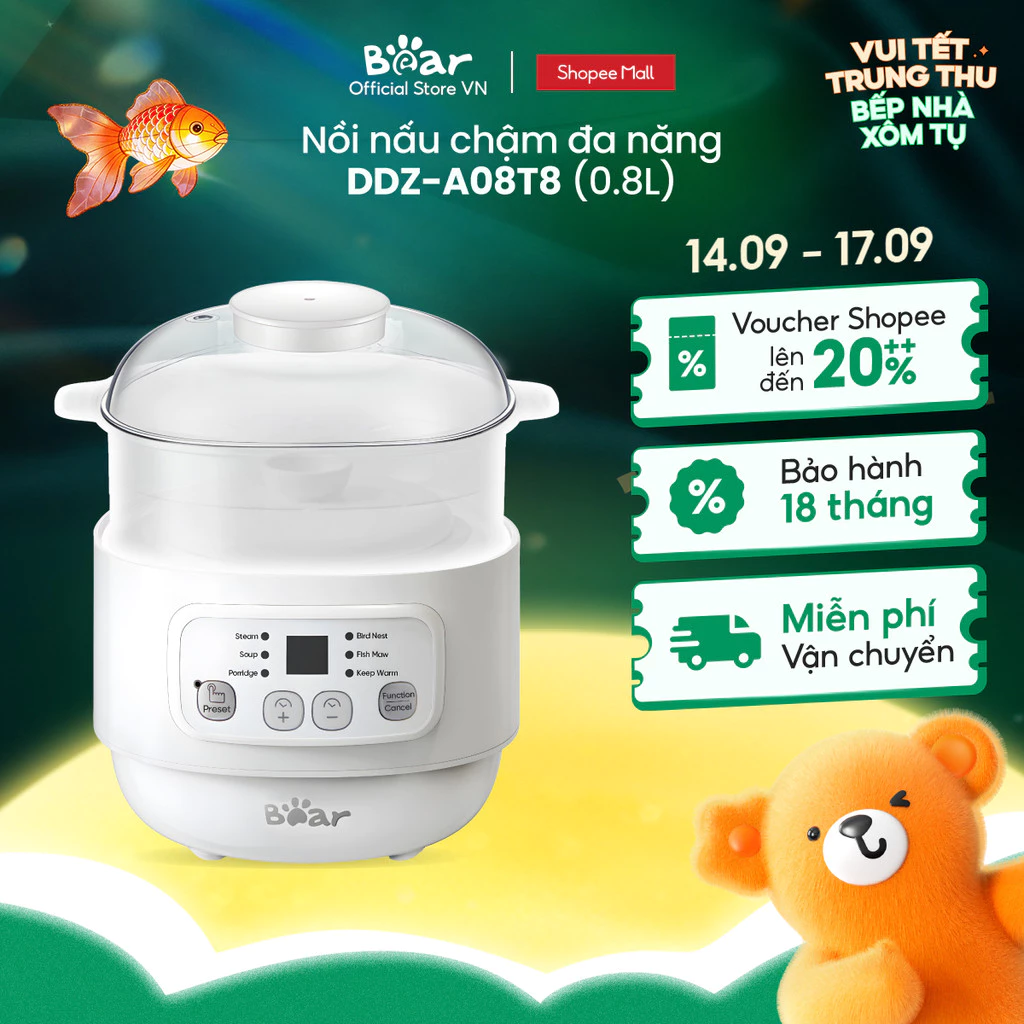 Nồi Nấu Chậm 0,8L Bear Nồi Nấu Cháo Chậm Nồi Chưng Yến Cách Thuỷ Nồi Nấu Cháo Cho Bé (Tiếng Việt)