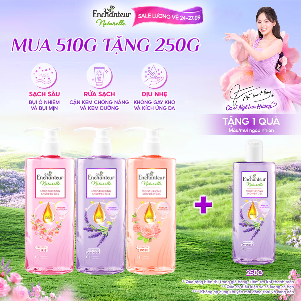 [TẶNG CHAI 250G] Sữa tắm dưỡng da thiên nhiên Pháp Enchanteur Naturelle hương Lavender/Iris/ Rose 510g (mùingẫunhiên)