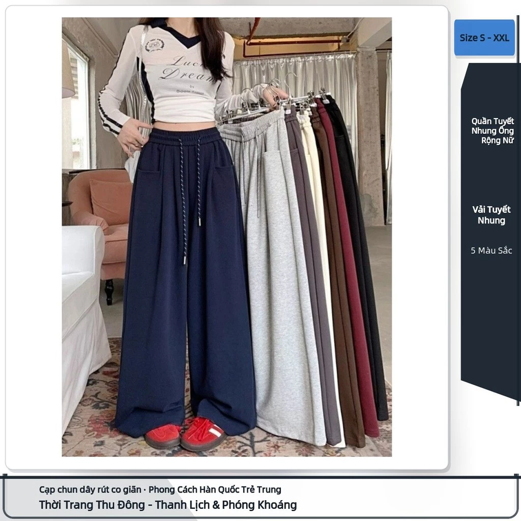 Quần ống rộng nữ tuyết nhung dày dặn cạp chun dây rút dáng suông dài chạm đất phong cách Hàn Quốc