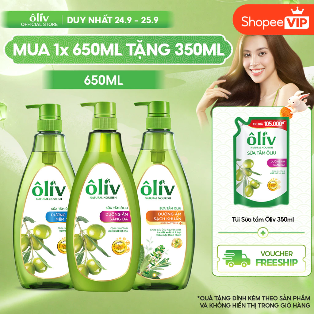 [VOUCHER SVIP 20%] [DEAL HOT - MUA 1 TẶNG 1] Sữa Tắm Ôliv Dưỡng Sáng Da/ Mềm Mịn Da 650ML Tặng Túi Sữa Tắm 350ML