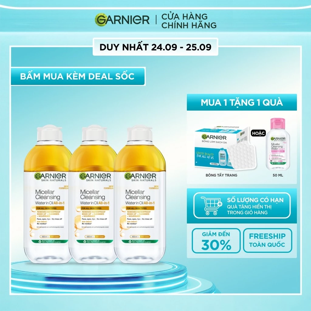 Bộ 3 nước làm sạch và tẩy trang cho da khô & trang điểm lâu trôi Garnier Micellar Water Oil-Infused 400mlX3