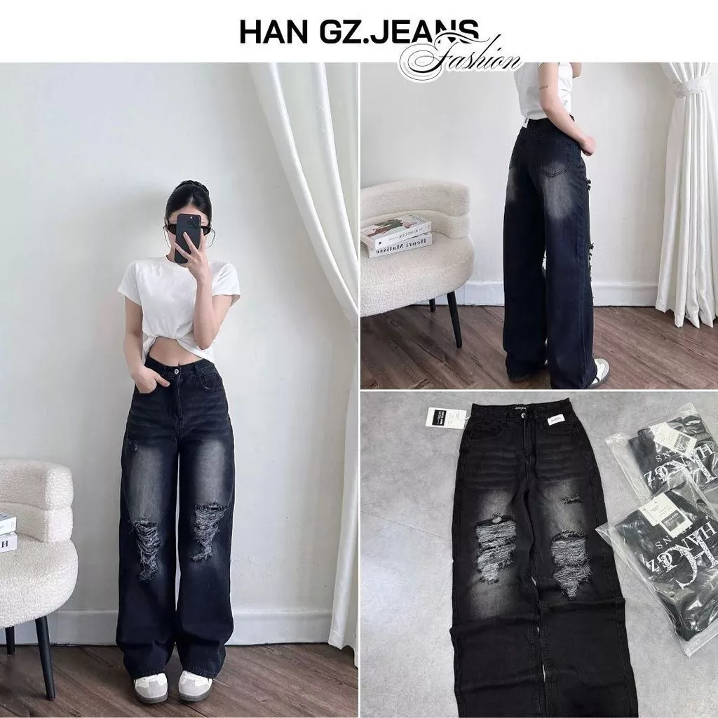 Quần Jean Nữ Ống Rộng HAN.Gz Rách Gối R014 Jeans Cotton Không Co Giãn Bền Màu Thời Trang Phong Cách