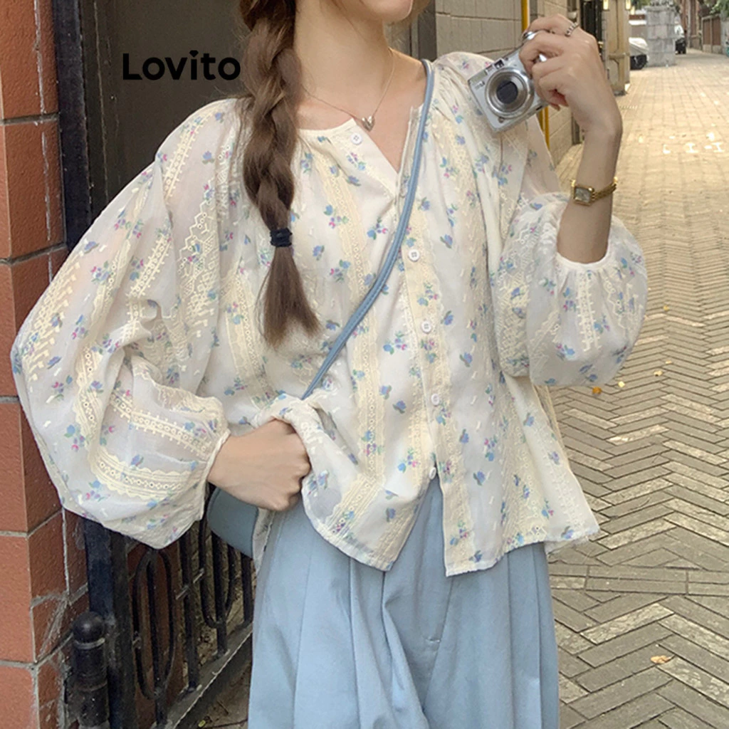 Áo kiểu nữ Lovito thêu đục lỗ hoa nhí phong cách thường ngày L102AD092