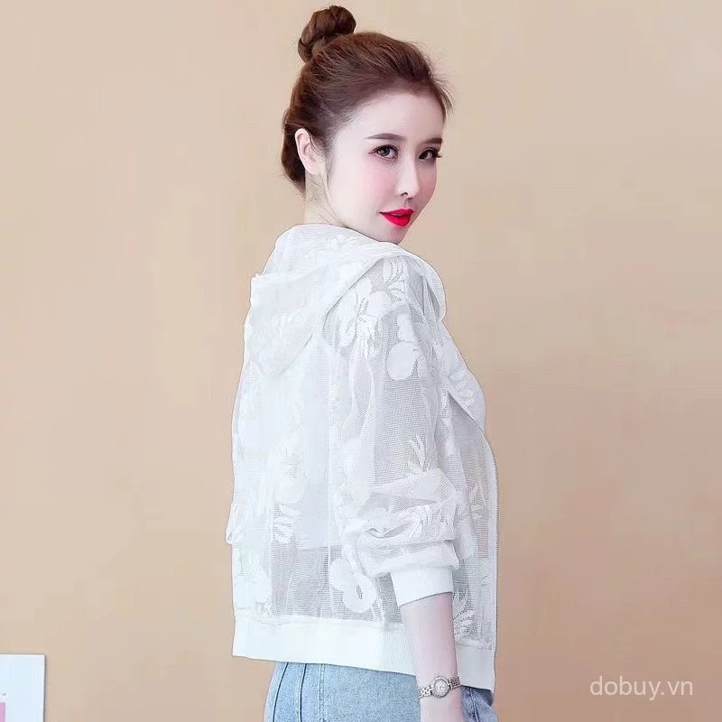 Áo khoác chống nắng có mũ trùm đầu hoa ren lưới có khóa kéo, Áo len Cardigan chống tia cực tím nhẹ ba phần tư