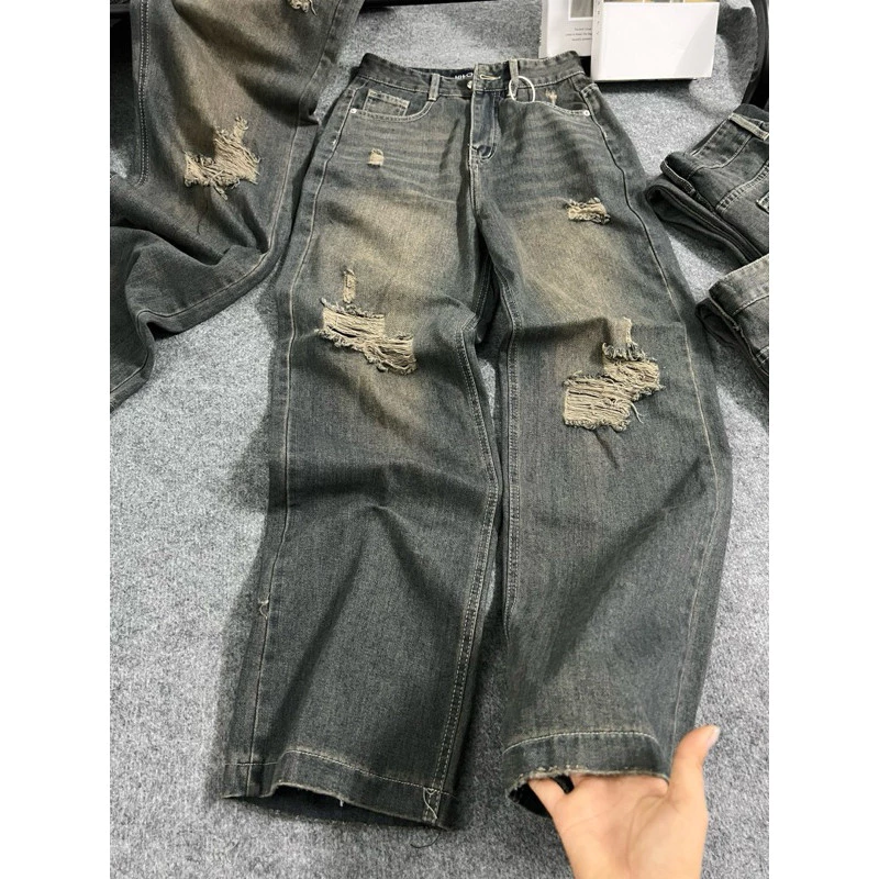 (S-2XL)HHCHOU-Quần Jeans Suông Rách Màu Trầm Fom Rộng  H1234