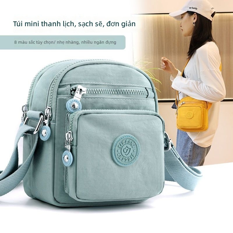 Túi đeo chéo vải nylon nữ túi nhỏ hình vuông đa tầng đựng điện thoại túi vai nhẹ nhàng phong cách thường ngày túi đeo