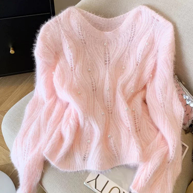 Áo Khoác Len Dệt Kim Rỗng Nữ Mùa Thu Đông Áo Chui Đầu Thời Trang Mới Đính Cườm Cao Cấp Top