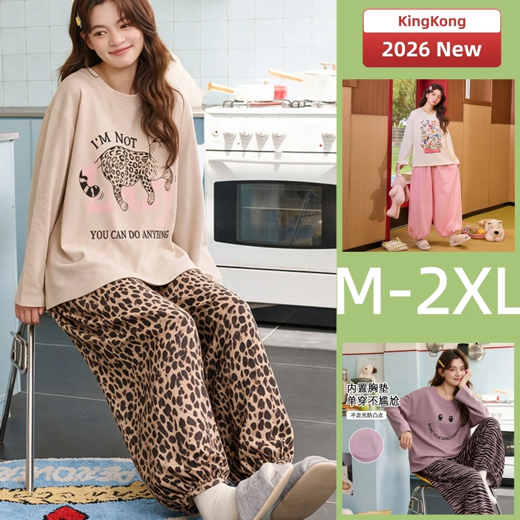 Bộ Đồ Ngủ Có Đệm Bộ Đồ Ngủ Nữ Bộ Thu Đông Tay Dài Knickerbocker Đồ Ngủ Người Phụ Nữ Dễ Thương In Hình Báo Mặc Nhà