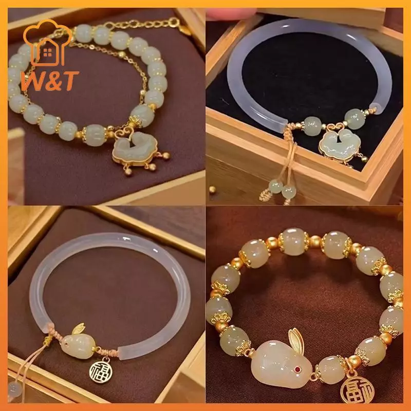 [W & T] Vòng Tay Thỏ Mặt Dây Chuyền Vòng Đính Hạt Vòng Tay Có Thể Điều Chỉnh Vintage Hạt Vòng Tay Phong Cách Trung Hoa Vintage Tay Đồ Trang Sức Mới