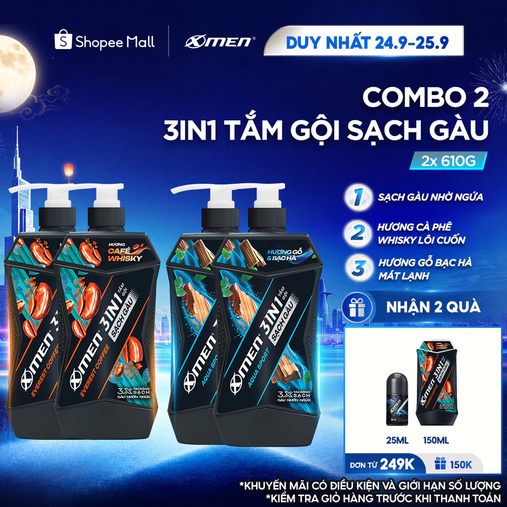 [MỚI] Combo 2 Tắm Gội Sạch Gàu 3in1 Xmen Everest Coffee & Aqua Sport 610g/chai, Sạch Gàu-Nhờn-Ngứa, Mùi Hương Nam Tính