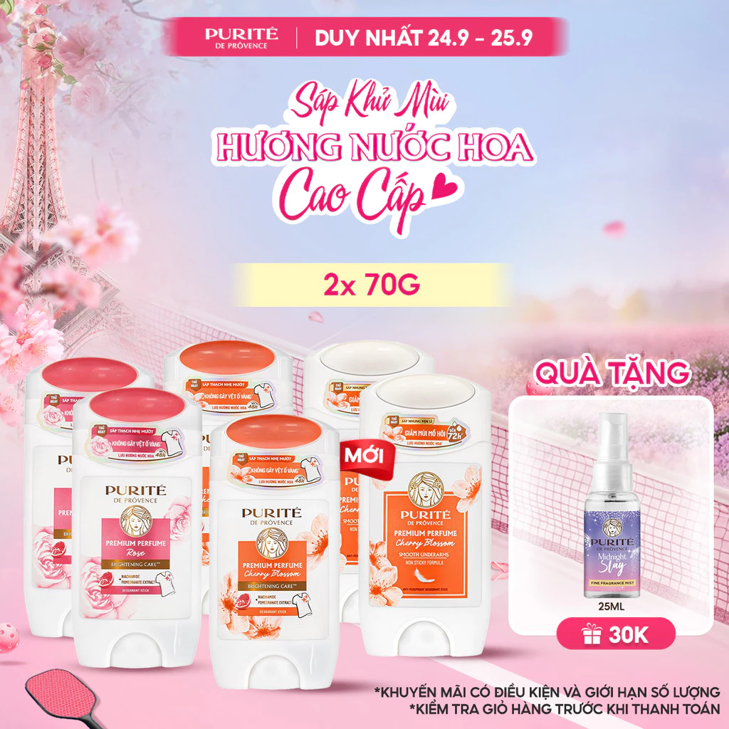 [MỚI] Combo 2 Sáp Khử Mùi Purité Hương Nước Hoa Cao Cấp Hoa Anh Đào / Hoa Hồng 70G (Sáp Hồng / Sáp Trắng)