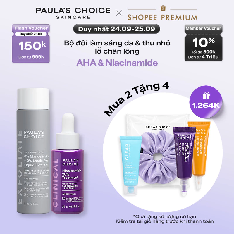 Bộ đôi làm sáng và thu nhỏ lỗ chân lông 6% Mandelic Acid +2% Lactic Acid Exfoliant & Niacinamide 20% Treatment 1470-8030