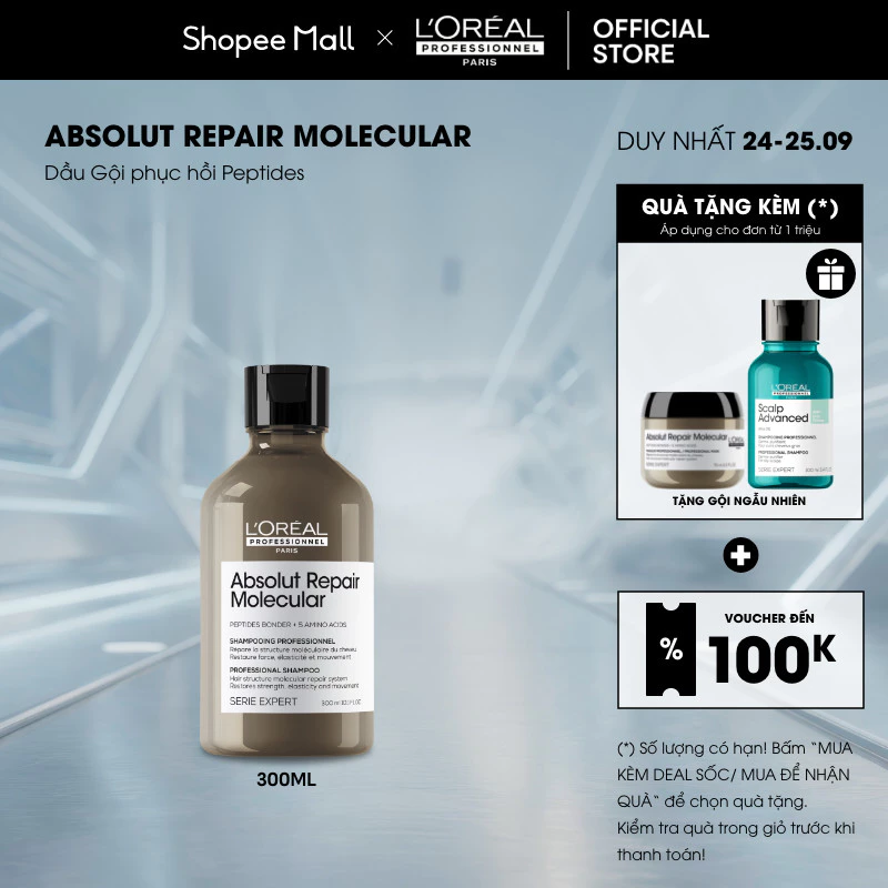 Dầu Gội phục hồi Peptides chuyên nghiệp cho tóc hư tổn L'Oréal Professionnel Absolut Repair Molecular 300ml
