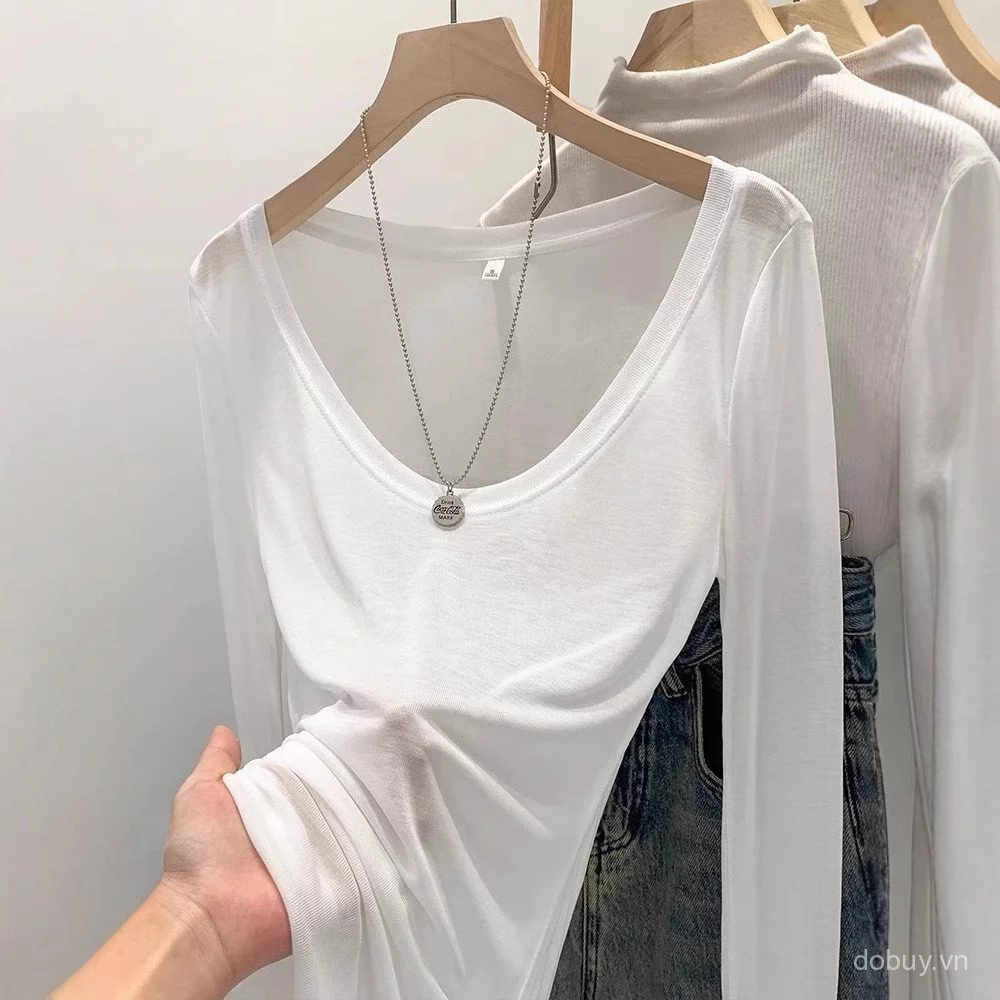 Áo dài tay ôm cổ chữ U sâu dành cho nữ, áo sơ mi xếp lớp cơ bản mỏng mềm mại