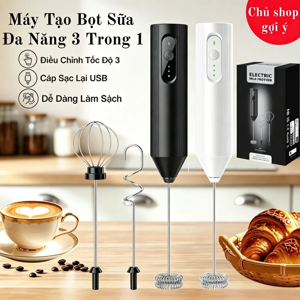 Máy tạo bọt sữa cầm tay đa năng 3 trong 1,thiết bị điện cấp thực phẩm,3 tốc độ điều chỉnh,sạc Type-C
