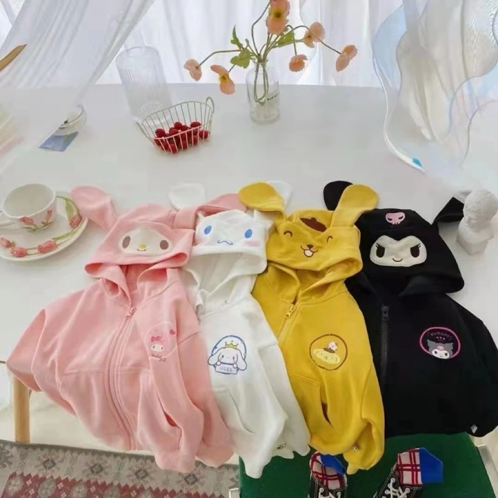 Áo Khoác Bé Gái Tai Thỏ Dễ Thương Có Mũ Kéo Khóa Họa Tiết Hoạt Hình ✨Luyoo32.vn✨