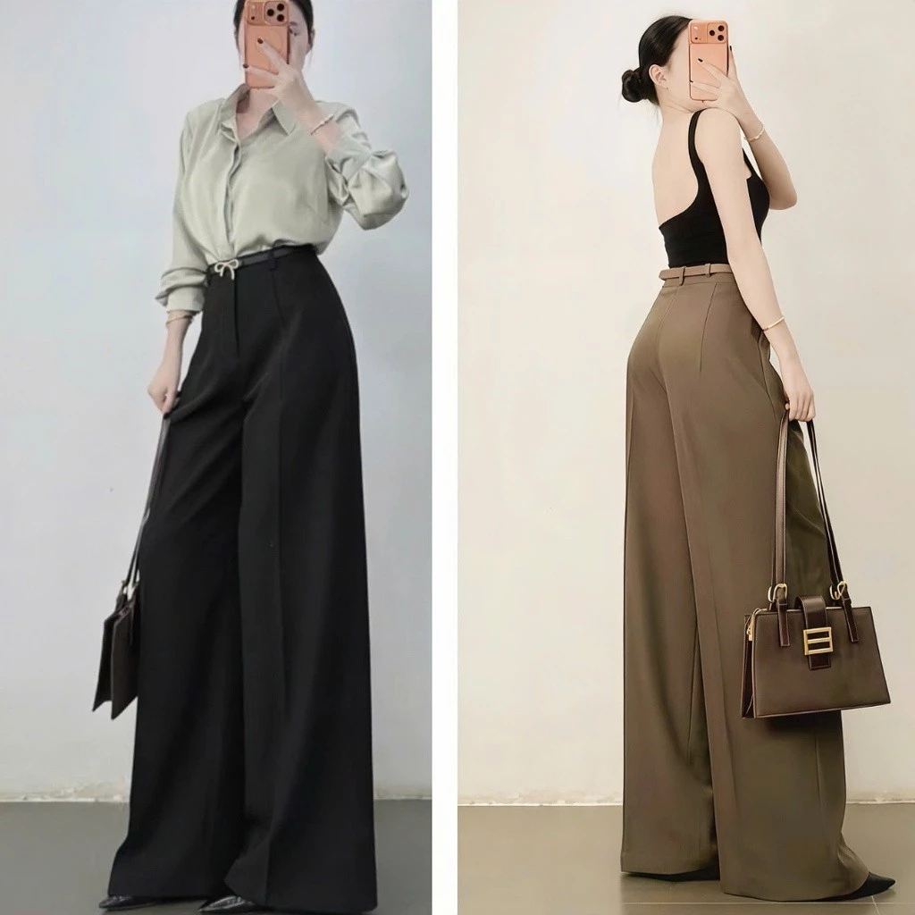 (MÃ V5) Quần Tây Nữ Cạp Cao Ống Rộng 1 Ly Trước Chất Vải Chéo Ý Mềm Mịn (Dài 103cm - ống rộng 31cm - 33cm)