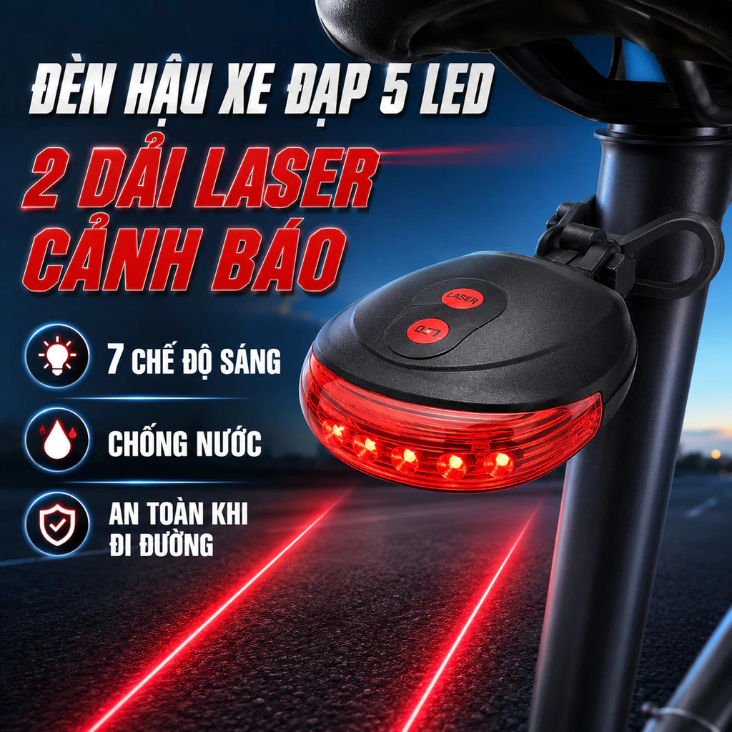 Đèn Hậu Xe Đạp 2 Laser + 5 LED, 7 Chế Độ Cảnh Báo Khi Đi Đêm