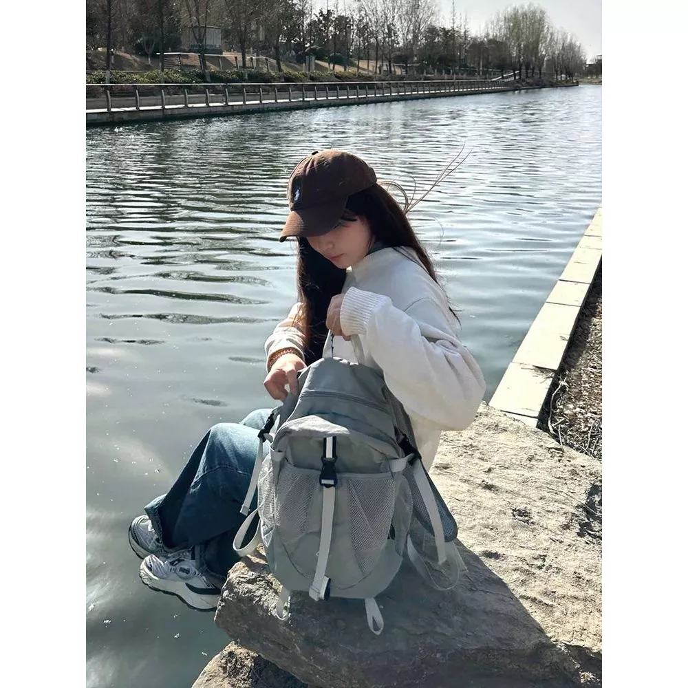 Ba lô đôi nữ phong cách Hàn Quốc màu xám bạc thiết kế thời trang cao cấp dây đeo chắc chắn dung tích lớn đi học thể