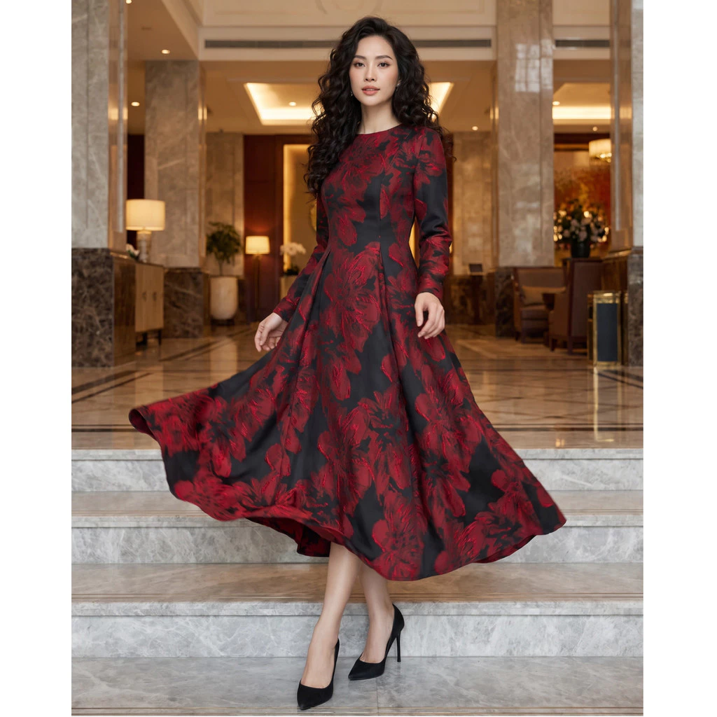 🌟Đầm Jacquard Đỏ Đen Cổ Tròn Tay Dài Eo Nhún Xòe Midi Phong Cách Vintage Thanh Lịch