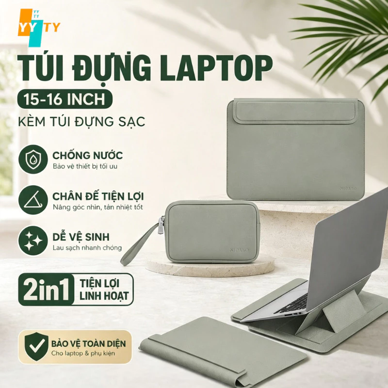 Túi Đựng Laptop 15 16 Inch PU Chống Sốc Chống Thấm Kèm Túi Sạc Giá Đỡ Laptop Đa Năng
