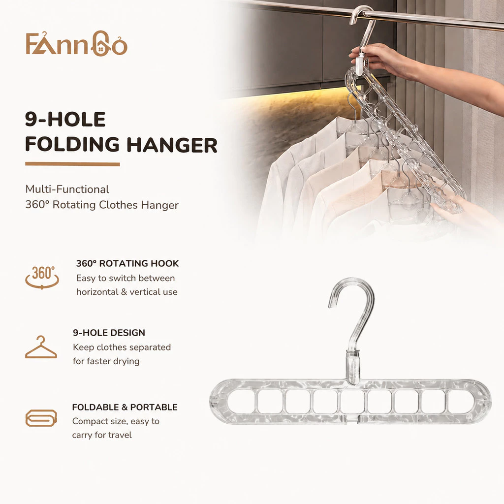 Móc treo đa năng FannGo 9 lỗ có thể xoay, màu bạc trong suốt, thích hợp cho cả sử dụng ngang và dọc, lý tưởng cho tủ quần áo gia đình và du lịch, 1 gói.