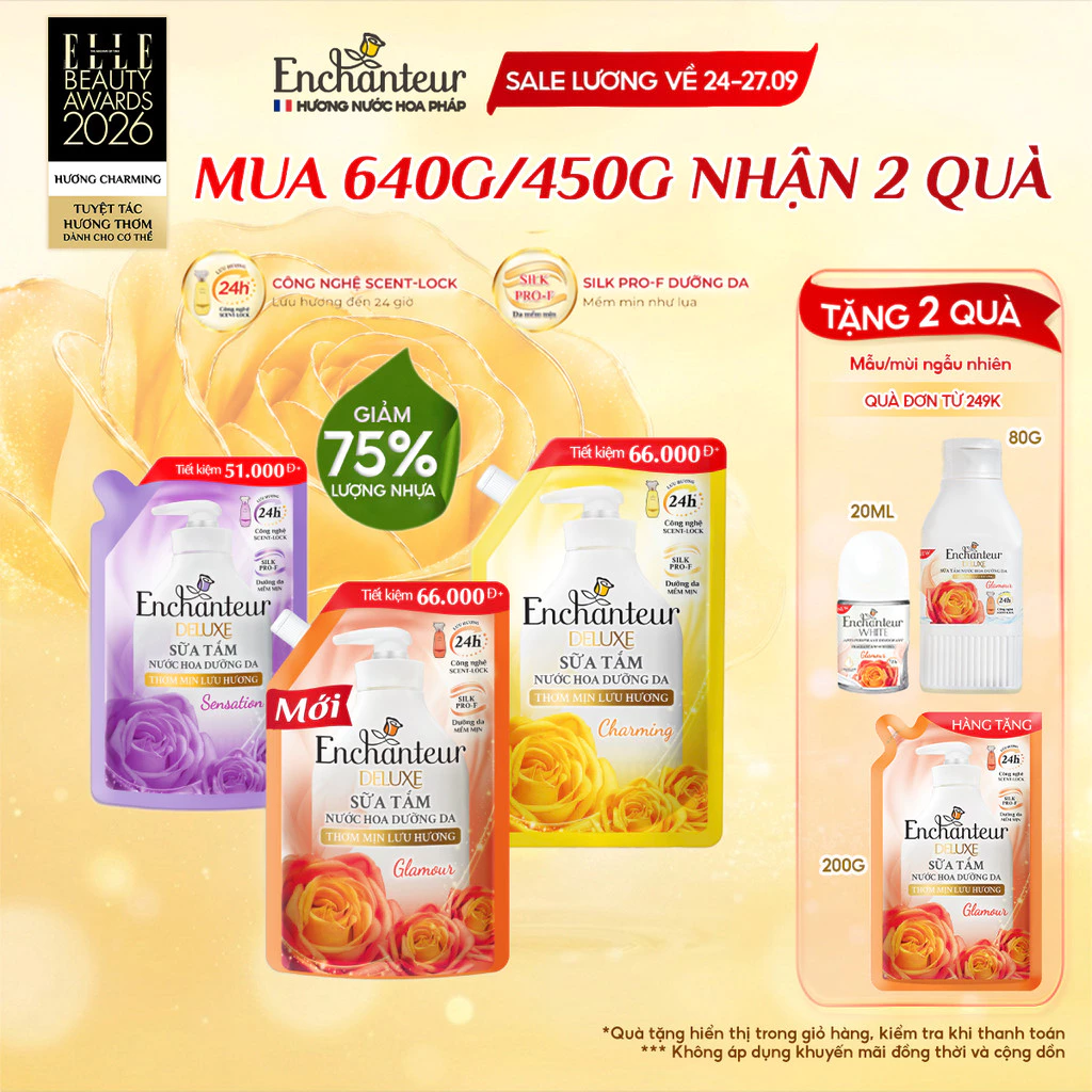 [TIẾT KIỆM 66K] Túi Refill Sữa Tắm Nước Hoa Dưỡng Da Enchanteur Thơm Mịn Lưu Hương ( 640g / 450g )